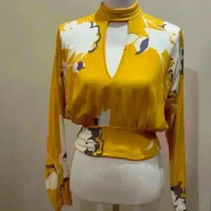 Free People Floral Yellow Mock Neck Top Size Small/Petite